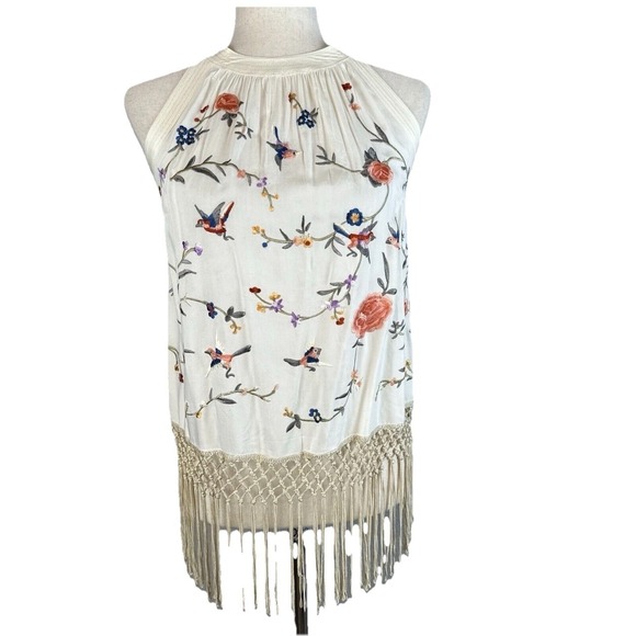 Anthropologie Embroidered Halter Top Sz2 Gatsby Fringe Boho Festival Tank Hippie - Picture 2 of 7